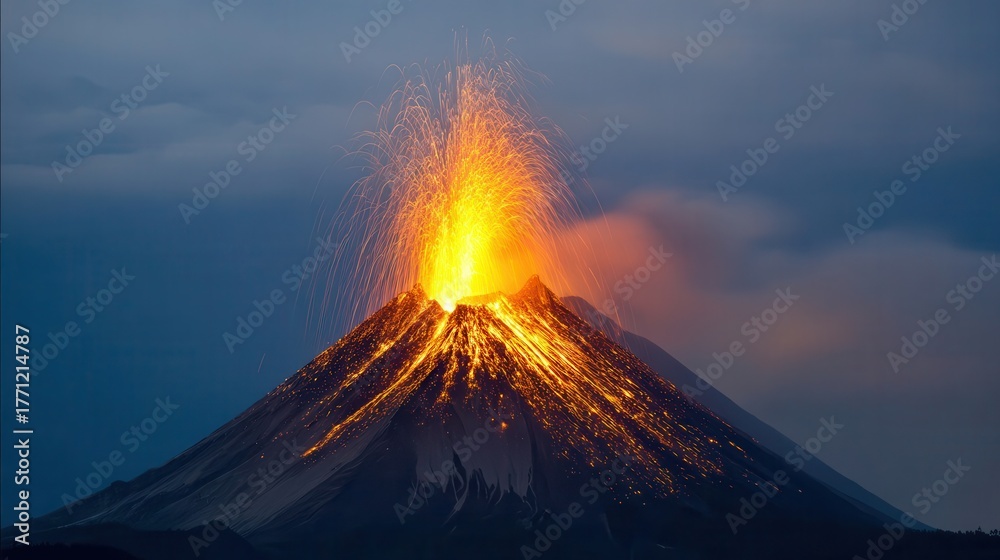 Fototapeta premium Volcanic eruption at twilight.