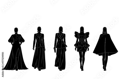 Five elegant black silhouette fashion models showcasing dramatic haute couture gowns on a white background