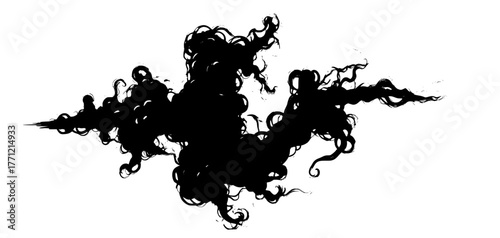Abstract black ink cloud swirling and expanding in water against a stark white background