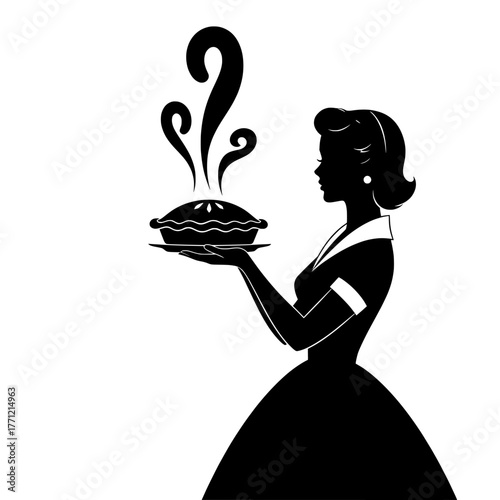 Retro silhouette of a woman in a dress holding a freshly baked hot pie with steam rising