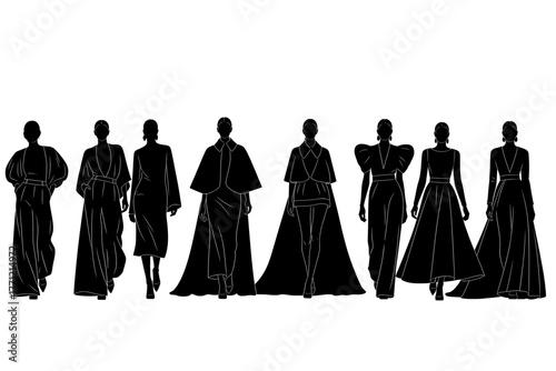 Diverse silhouettes of elegant women in flowing haute couture gowns on a white background