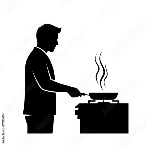 Silhouette of a man in a suit cooking food in a pan on a stove with steam rising
