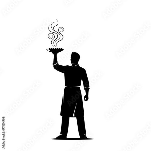 Silhouette of a chef holding a steaming plate of food representing culinary arts and professional cooking
