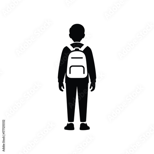 Silhouette of school student with backpack standing isolated on white background, vector illustration of child in casual clothing ready for school
