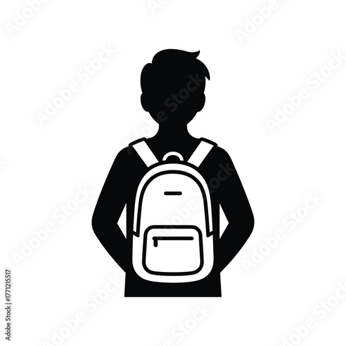 Silhouette of young student with backpack from back view, vector illustration of school child wearing casual clothes isolated on white background