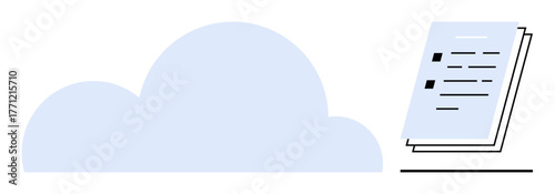 Large blue cloud next to neatly stacked documents representing digital storage, organization, and access. Ideal for data management, cloud computing, digital filing, productivity, efficiency