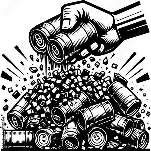 Crushing Cans for Recycling: An illustrative image depicts a hand forcefully crushing aluminum cans, symbolizing the act of recycling and environmental awareness.