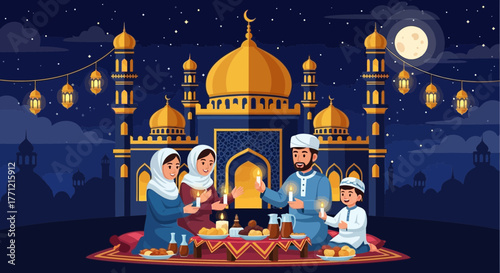 Muslim family celebrates the holy month of Ramadan with candles at the mosque