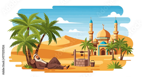 Restful oasis: serene arabian scene with architecture and natural elements