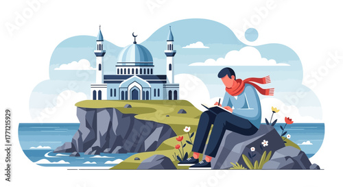 Illustrative scenery of a man writing near a mosque on a coastal cliff