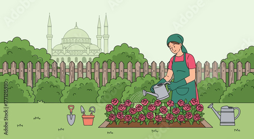 Woman gardening roses near a mosque, showcasing peaceful interfaith coexistence