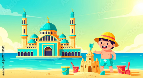 Delightful seaside scene featuring a boy building a sandcastle near a majestic mosque