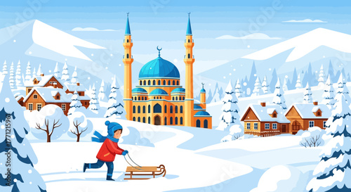 Whimsical winter village landscape with boy sledding towards a grand mosque