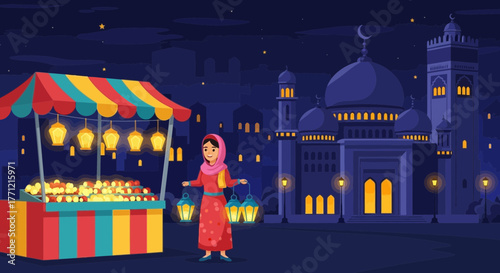 Festive Ramadan night: Muslim woman amidst lanterns and grand mosque backdrop