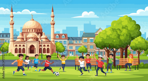Enchanting cityscape with children playing football near a captivating mosque