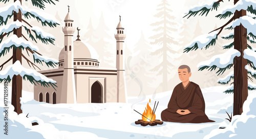 Spiritual harmony: Contemplation by a winter campfire near a serene mosque