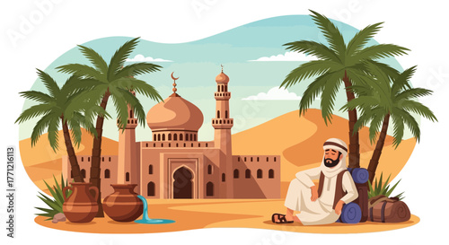 Arabian oasis scene with mosque, traveler, and palm trees in the desert