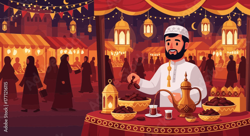 Vibrant illustration of a Ramadan market with dates and traditional lanterns