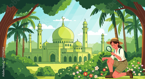 Botanist exploring flora near an ancient mosque, blending nature and architecture