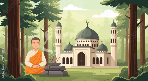 Serene meditation: A monk's tranquil moment near a forest mosque amidst nature