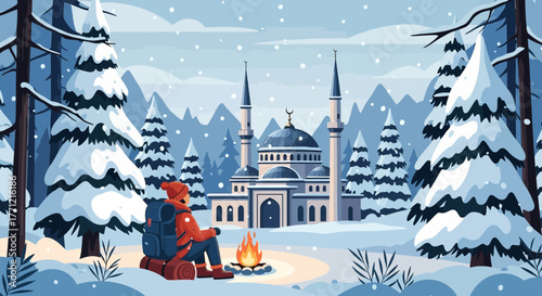 Solitude in Snowy Winter Landscape: Traveler enjoying the views of Mosque amidst Forest