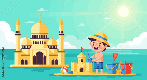 Illustration of a boy building a sandcastle next to a golden cartoon mosque
