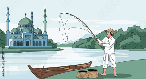 Serene Riverside Scene: Fisherman Casting Near a Majestic Mosque, Animated