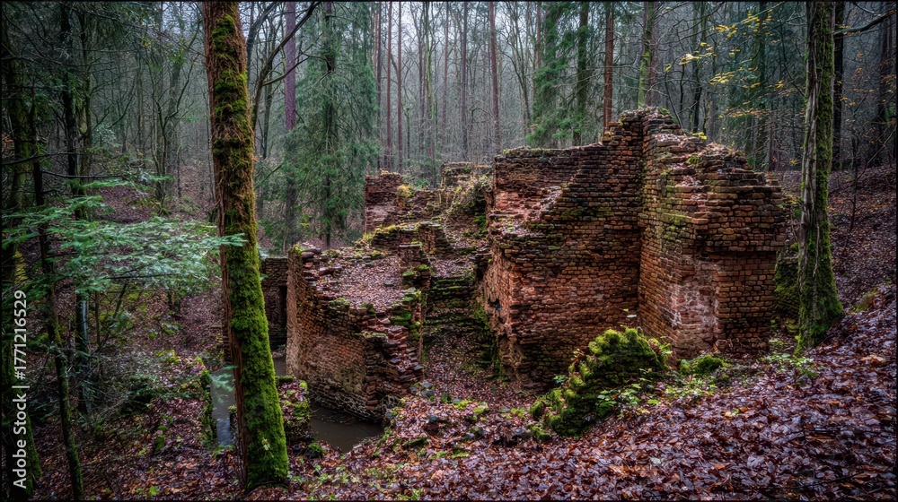 Obraz premium Brick ruins of a building nestled within a forest.