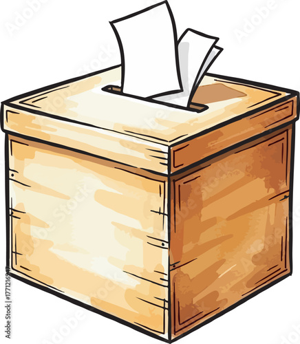 Hand drawn wooden ballot box illustration for voting, election, donation, or suggestion