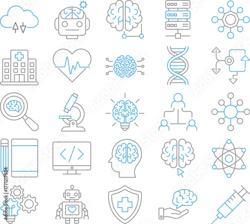 Digital health care icon set in thin line style, vector illustration of medical, treatment, consultation, online checkup, virtual clinic, doctor, pharmacy, patient, technology, diagnosis, software.