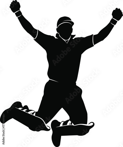 Silhouette of a triumphant cricket player celebrating a victory