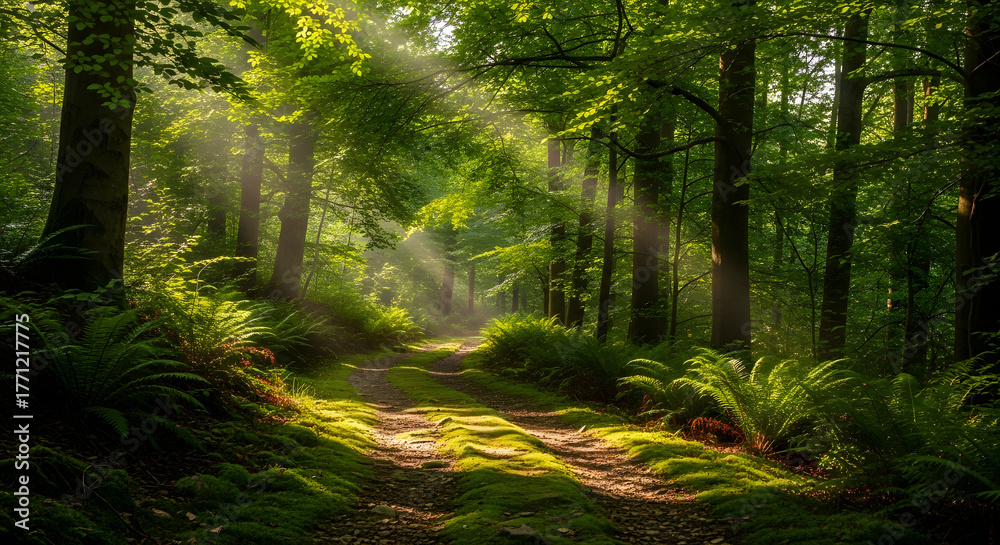 Obraz premium Sunlight filtering through the trees illuminating a mossy path in a lush green forest scene