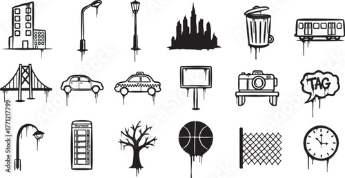 Hand-drawn vector urban street icons collection with dripping paint style isolated on white