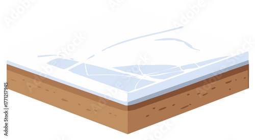 Isometric frozen ground winter illustration. Vector icy cracked dirt terrain cutaway.