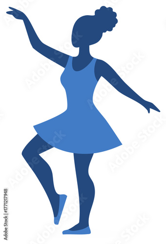 Graceful silhouette of a young woman dancing in a blue dress in a ballet pose