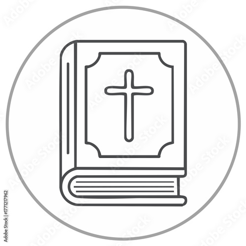 Holy Bible with cross on cover line art icon. Christian scripture book vector illustration.