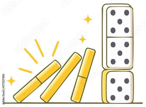 Illustration of the domino effect as gold tiles fall in a chain reaction toward a stable stack