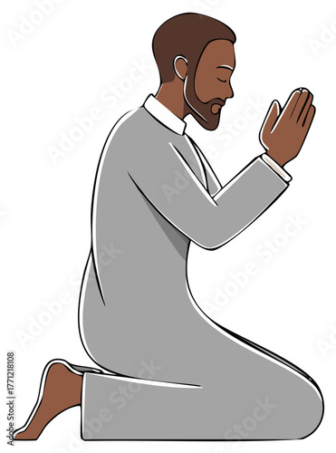 Bearded man kneeling in prayer with hands clasped expressing spiritual devotion and peaceful contemplation