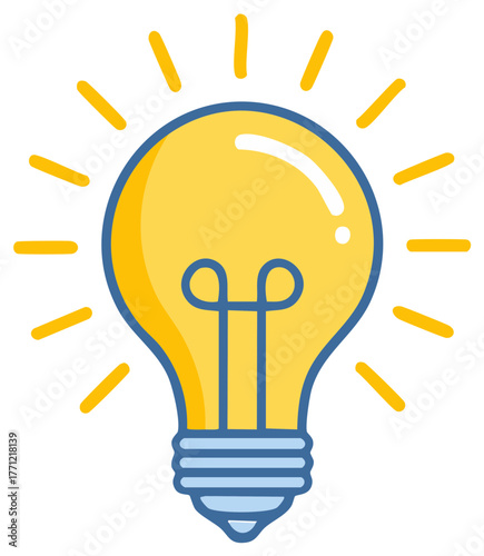 Bright yellow light bulb icon shining with rays representing a creative idea and solution.