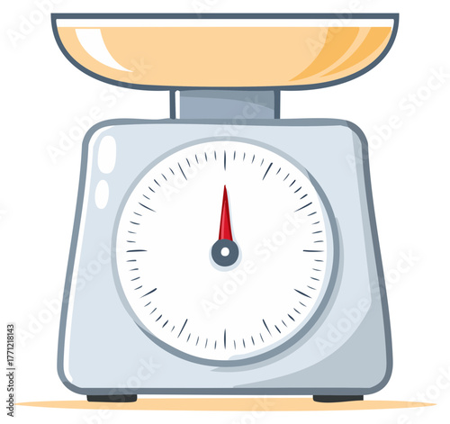 Retro kitchen food scale for measuring ingredients cartoon illustration