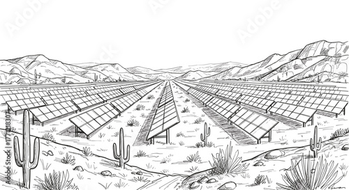 Solar farm with rows of panels in dry valley under mountains  