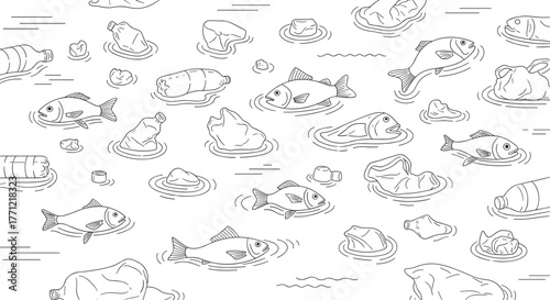 Dead fish and debris floating in pond water pattern illustration  