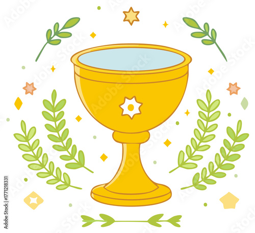 Whimsical golden chalice goblet with magical glowing leaves and stars fantasy vector art