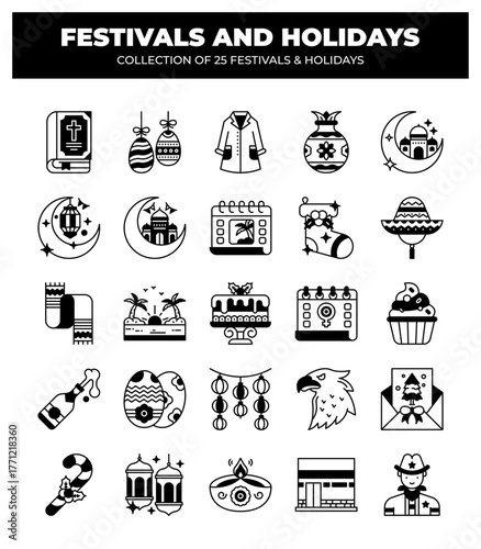 Collection of 25 Festival & Holiday Icons. Cultural Celebrations and Traditions