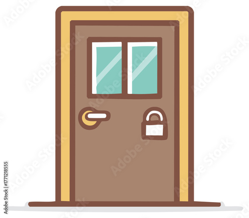 Stylized Interior Door with Window Panes and Secure Lock Cartoon Drawing Isolated on White