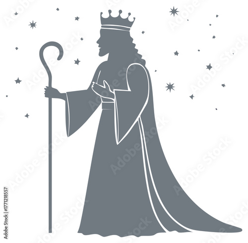 Silhouette of Wise Man King with Crown Staff and Stars Vector Icon Illustration