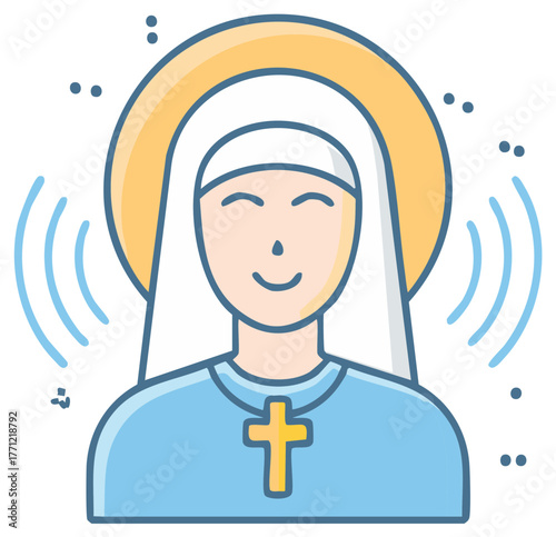 Saint woman vector icon with halo, praying character in habit, christian religion illustration