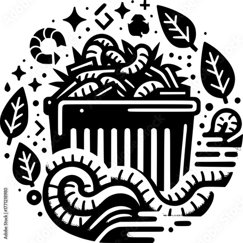 Eco-Friendly Compost: An illustrative depiction of an eco-friendly compost bin overflowing with organic waste, surrounded by symbols of nature, recycling, and sustainable living.