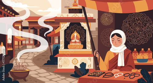 Vibrant cultural market scene showcasing spirituality and handcrafted artifacts