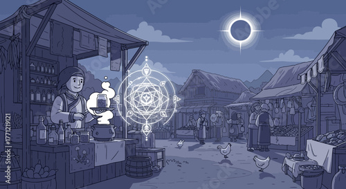 Enigmatic bazaar beneath a celestial eclipse, a merchant conjures mystic brews